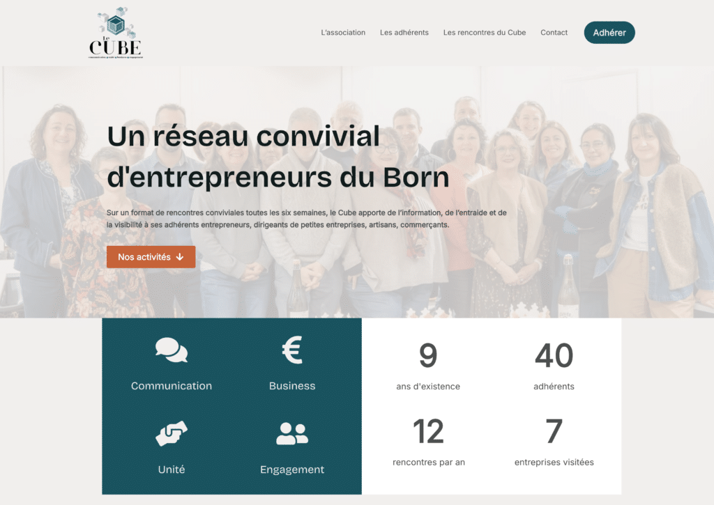 Header du site du Cube, avec photo des adhérents en fond et le titre "Un réseau convivial d'entrepreneurs du Born"