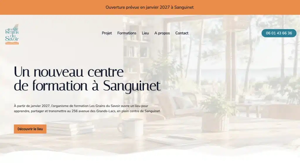 Page d'accueil de la landing page des Grains du Savoir